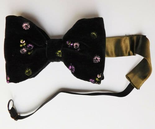 Floral black velvet bow tie by Akco with embroidered flowers vintage mens wear